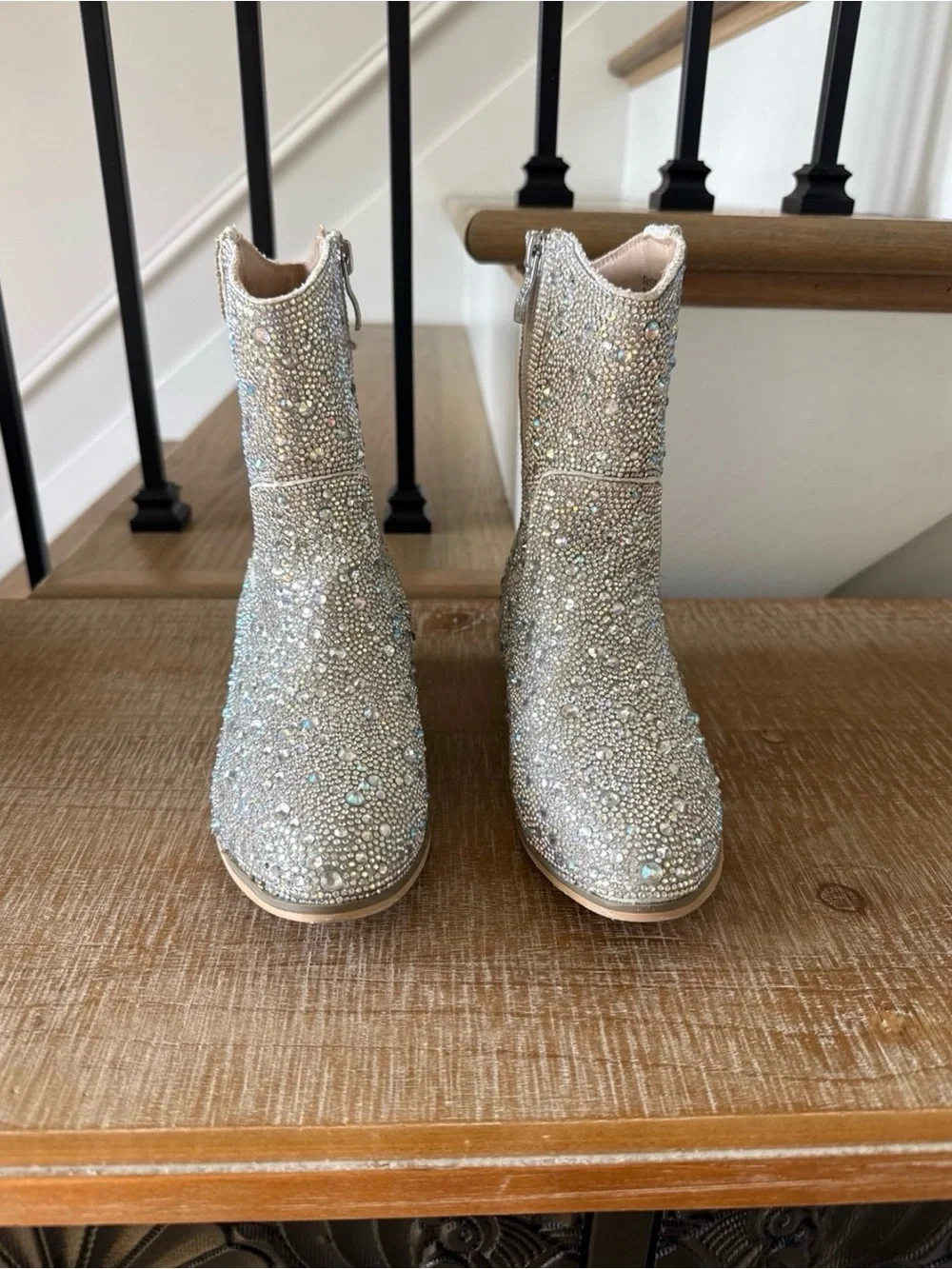 Crystal Embellished Western Ankle Boots - Silver Glitter